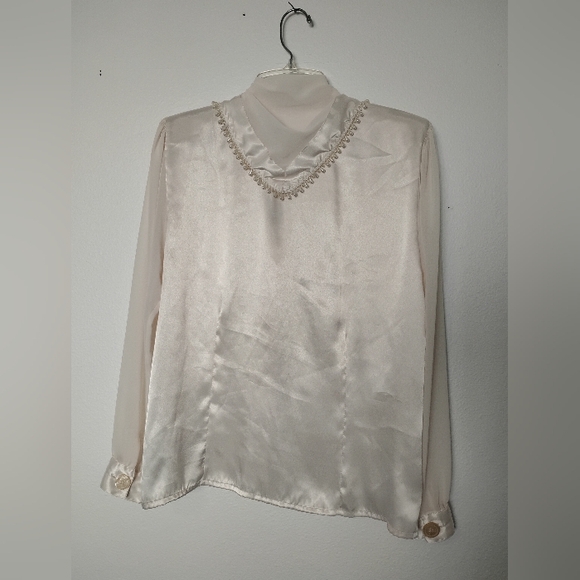 Vintage Nicola Satin Button Up Bead Shawl Collar Sheer Long Sleeve - Picture 4 of 5